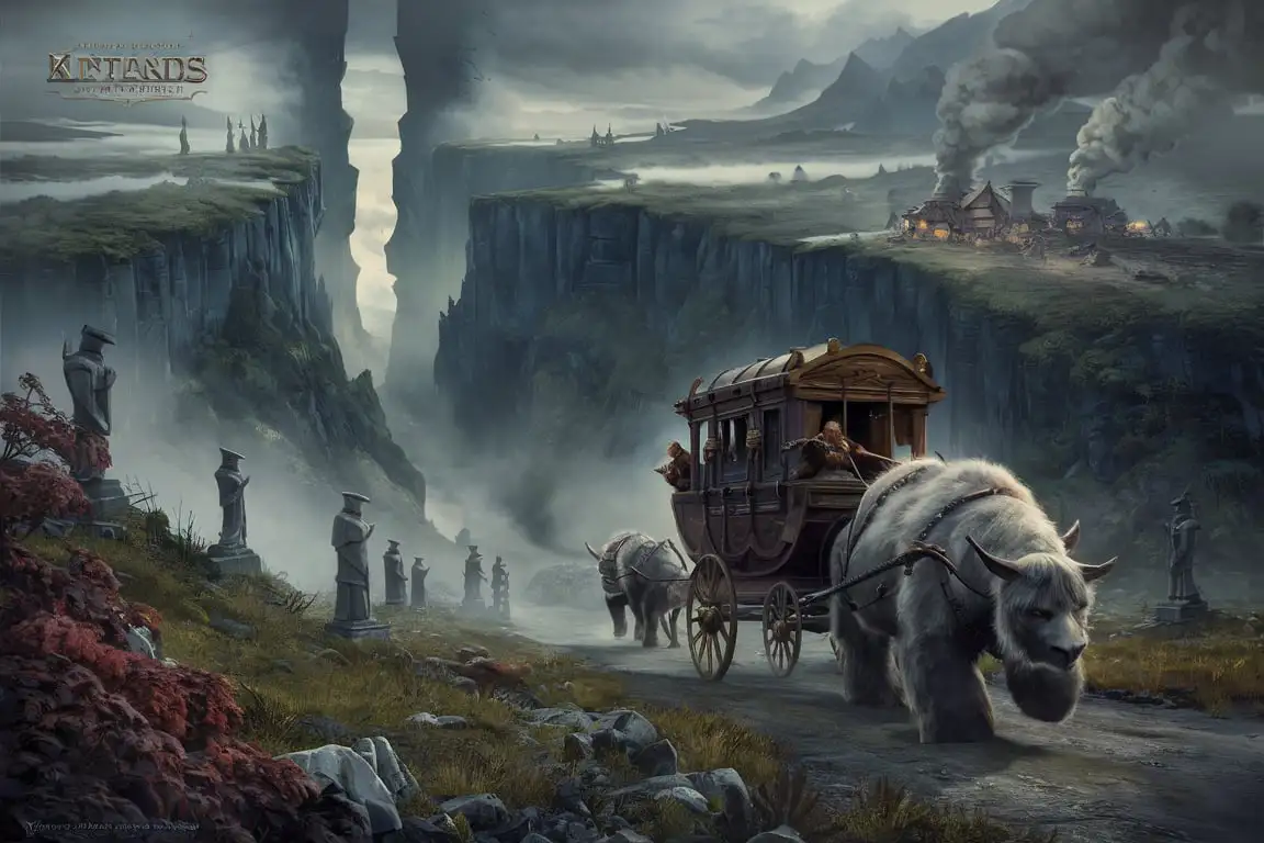 Fantasy Adventure Game Cover Art Misty Highlands and Dwarven Carriage