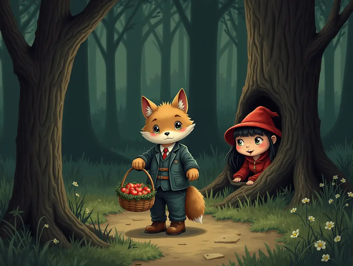 Through the dark forest walks a little wolf in a clean, tidy little suit, fearfully holding close to himself an ivy basket with pirozhki. Behind, hidden behind a tree is a girl dressed as a bandit with a red hat, with bared teeth (fangs) watching the little wolf. Cute drawing.