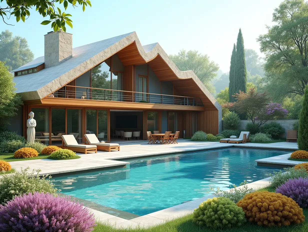 Create a house with zig zag roof with people,with a large garden and pool with a large,colorful bushes and statues