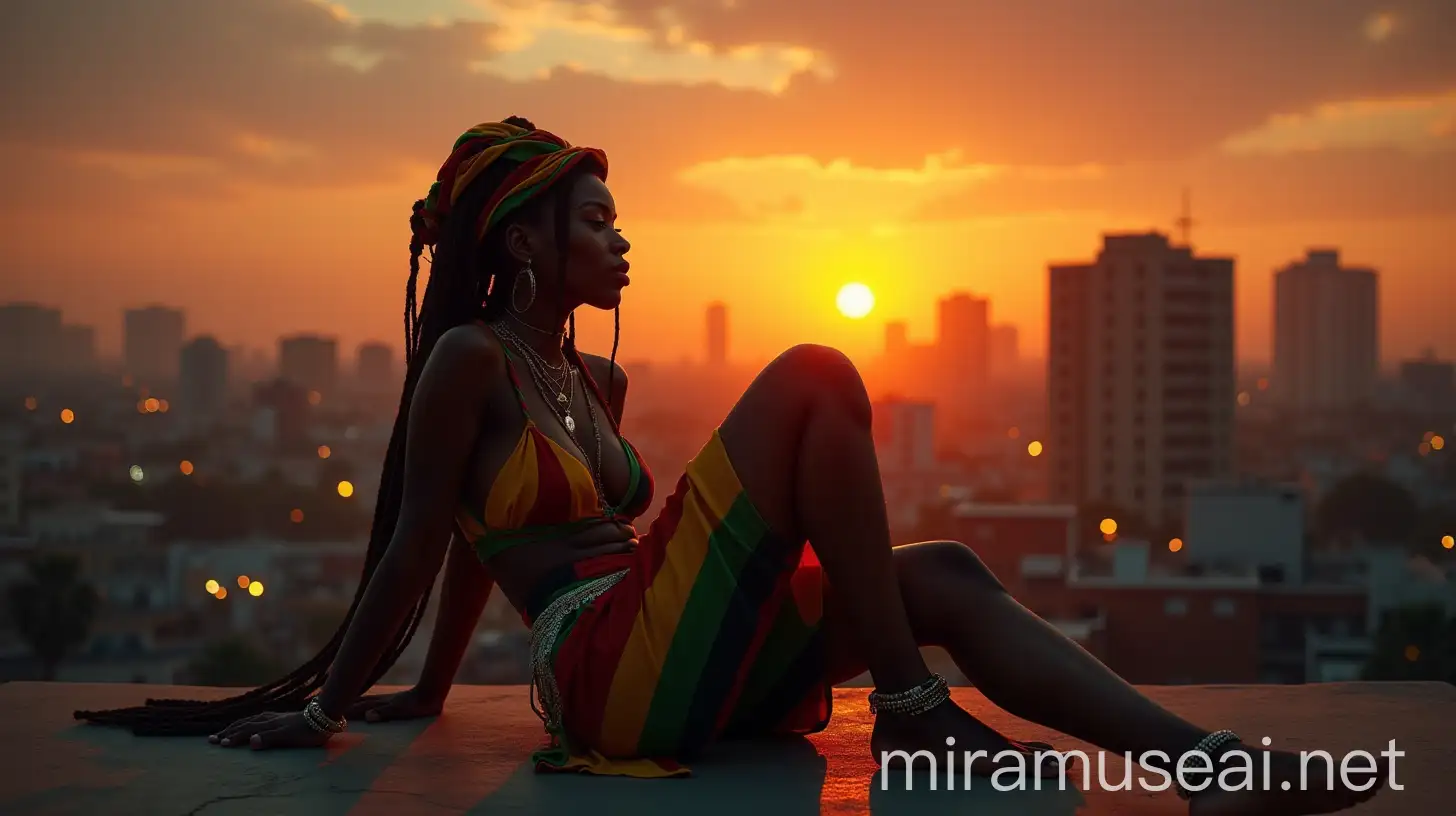 Urban Tranquility ReggaeInspired Woman Relaxing at Sunset Rooftop