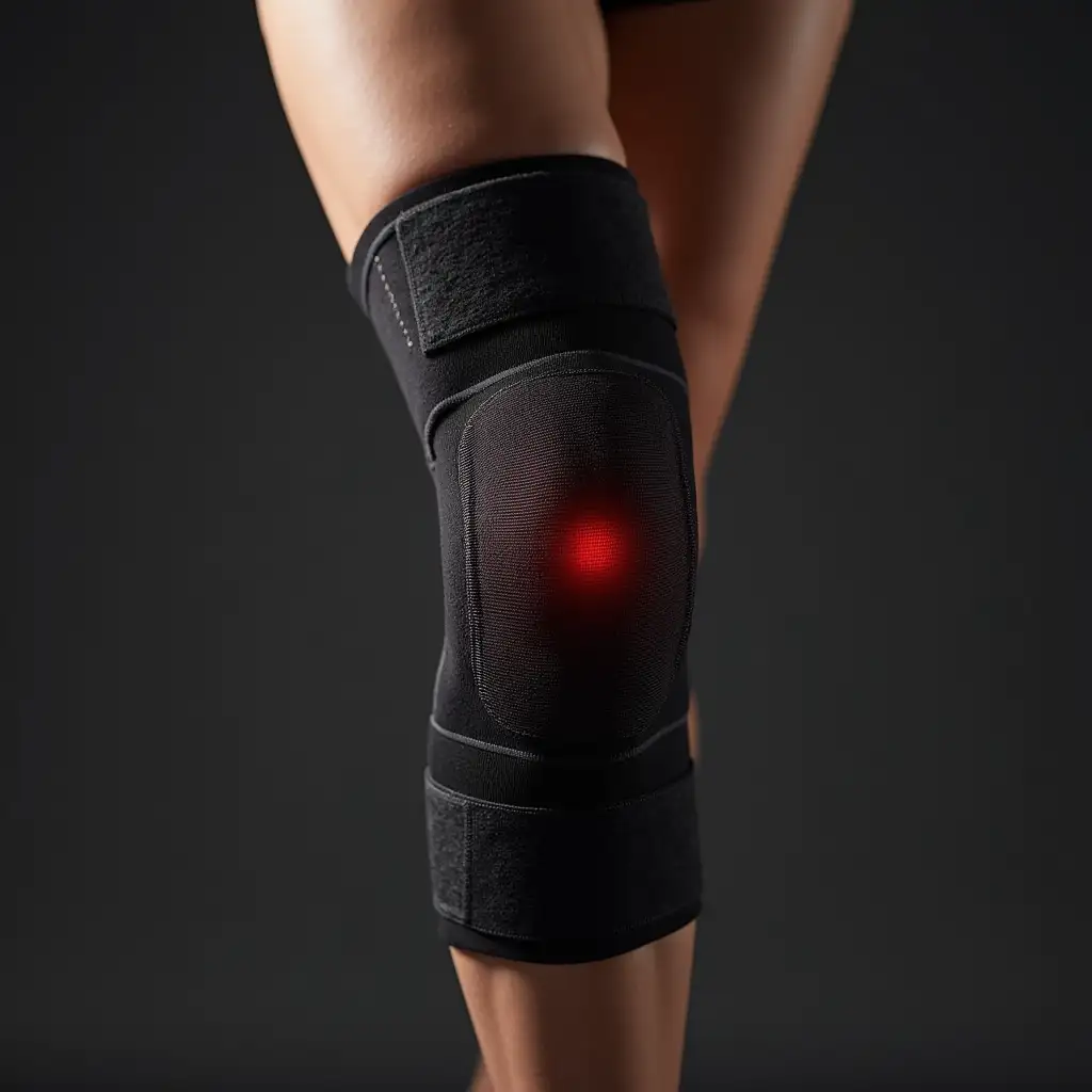 Create a product image ad for a thermal knee brace in black that helps with arthritis and other diseases, show a leg with the knee brace