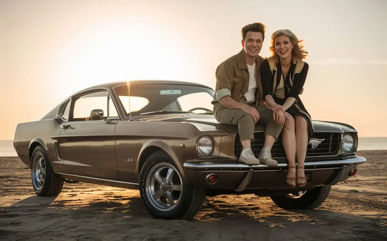 Couple-Smiling-on-Vintage-Mustang-at-Sunset-on-Beach