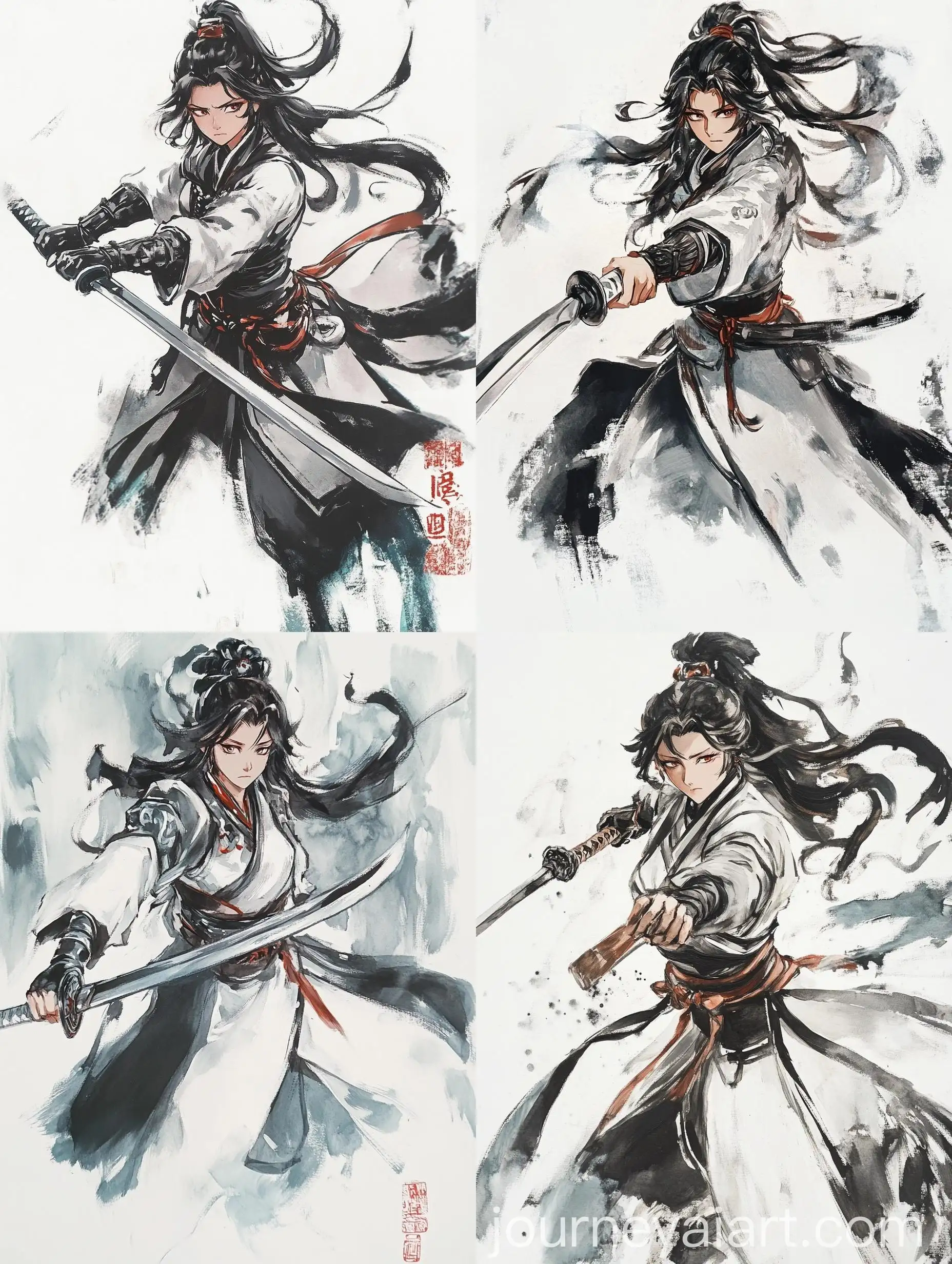 Traditional-Color-Ink-Painting-of-a-Grim-Female-Warrior-with-Sword