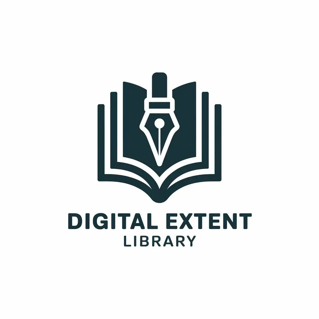 LOGO-Design-for-Digital-Extent-Library-Elegant-Book-and-Pen-Symbol-on-Clear-Background