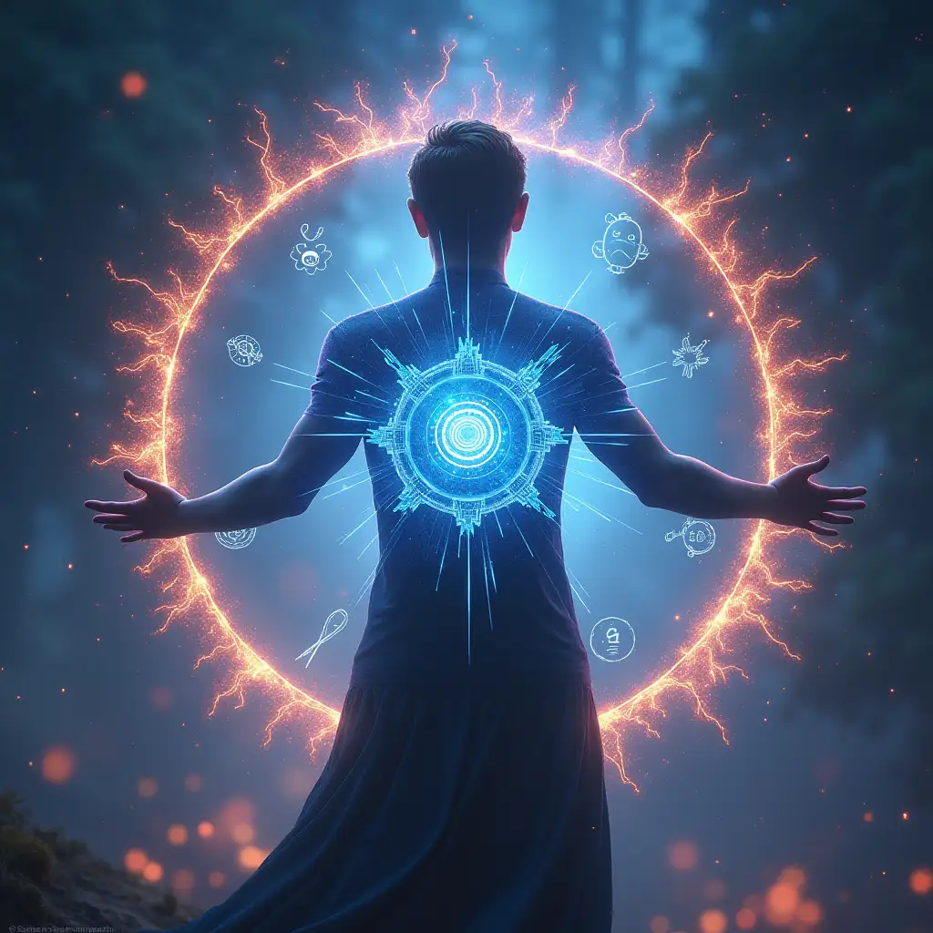 Person activating a protective shield, glowing runes and symbols forming around them, mystical energy waves, cinematic lighting, fantasy art style, vibrant colors