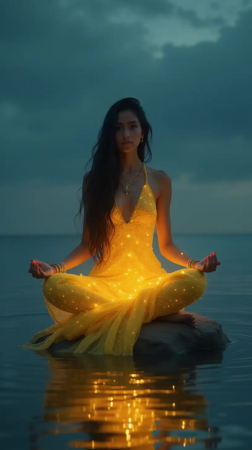 Meditating Indian Mermaid on Ocean Rock with Yellow Digital Light Dress