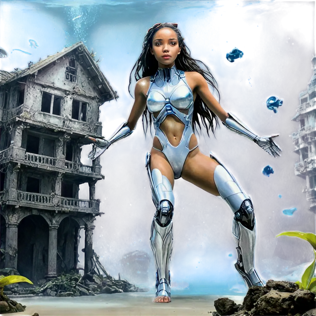 Cyborg-Girl-with-Aquatic-Robotic-Limbs-PNG-Image-Exploring-an-Underwater-City