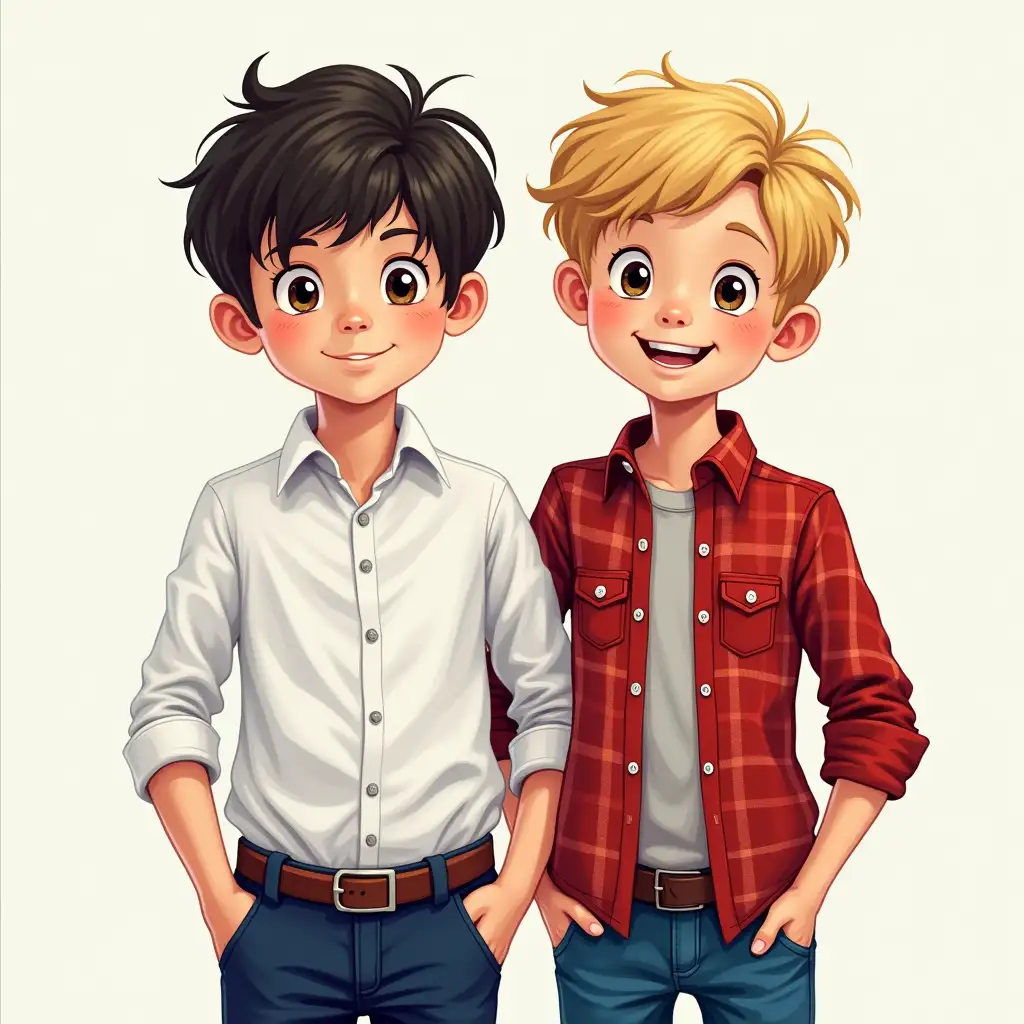 two friends, boys, children, 12 years old. Boy one, dark smoothed hair, bright eyes, dressed smart in white shirt and blue trousers, posh. Boy two, 12 years old, blonde haired, red checked shirt and blue jeans, looking happy, cheerful.