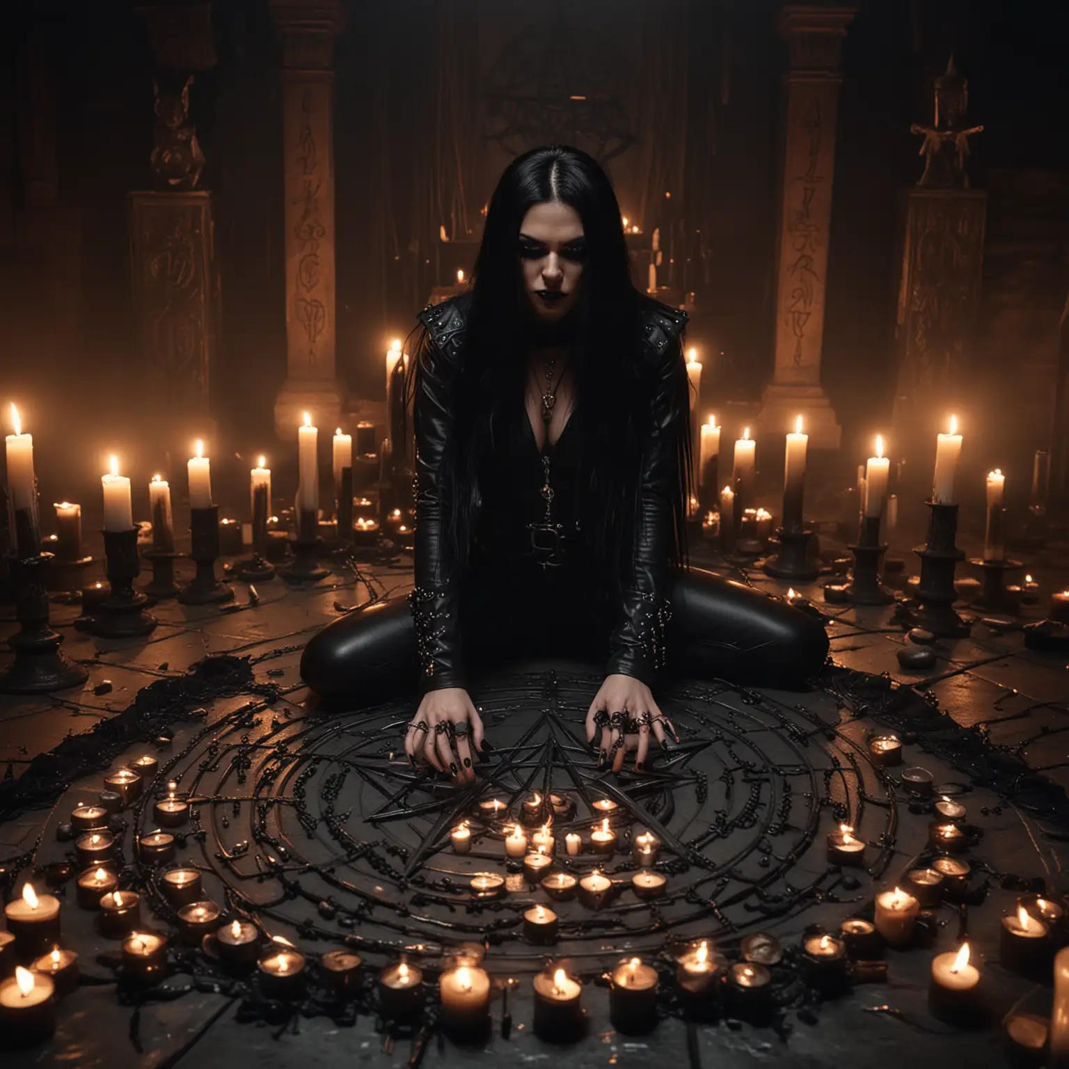 Dark Ritual Black Metalhead Rocker Woman Performing Satanic Ceremony