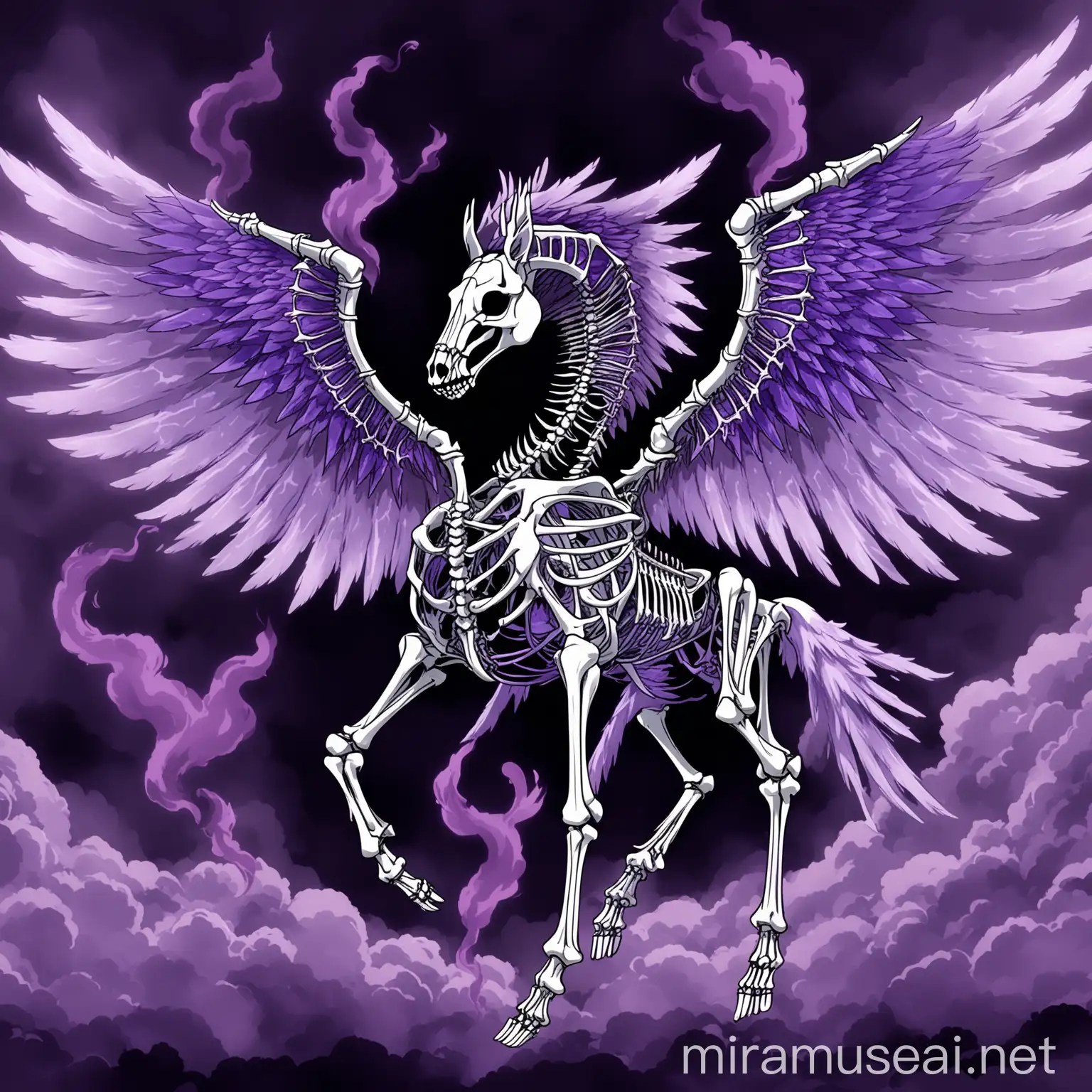 Ethereal Skeletal Pegasus Horse Surrounded by Purple Smoke