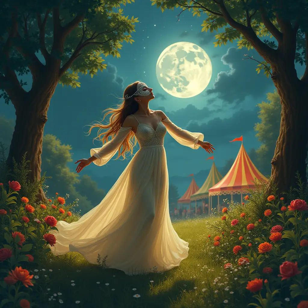 Draw a cover photo for this song that's whimsical, dreamy, and evocative of a sense of freedom and wonder: The cover photo features a beautiful, ethereal woman standing in a lush, moonlit garden, surrounded by vibrant flowers and towering trees. She's dressed in a flowing, bohemian-inspired gown, with a delicate mask covering her face. Her arms are outstretched, and her head is thrown back, as if she's embracing the magic of the night. The atmosphere is enchanting and mystical, with soft, golden lighting and a sense of movement and energy. In the background, subtle hints of a carnival or masquerade ball can be seen with twinkling lights and colorful tents. The overall mood is one of joy, freedom, and self-expression.