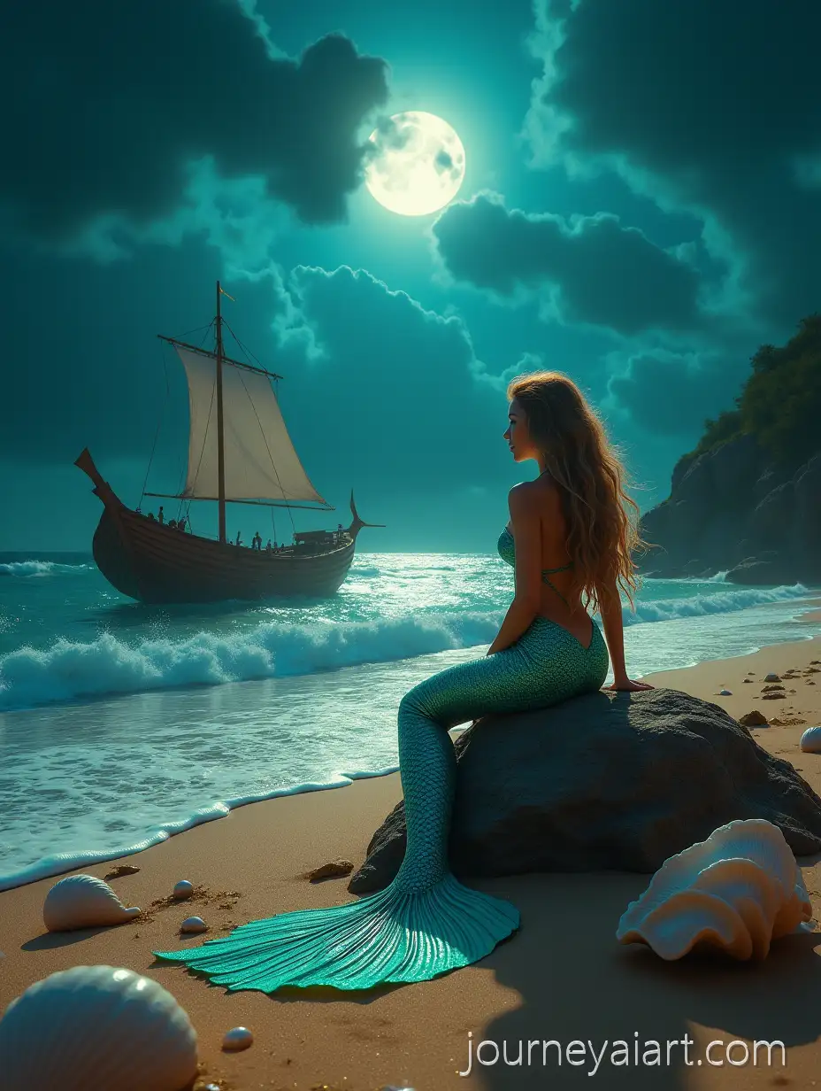 Magical-Coastal-Scene-with-Mermaid-Ancient-Boat-and-Shining-Pearl