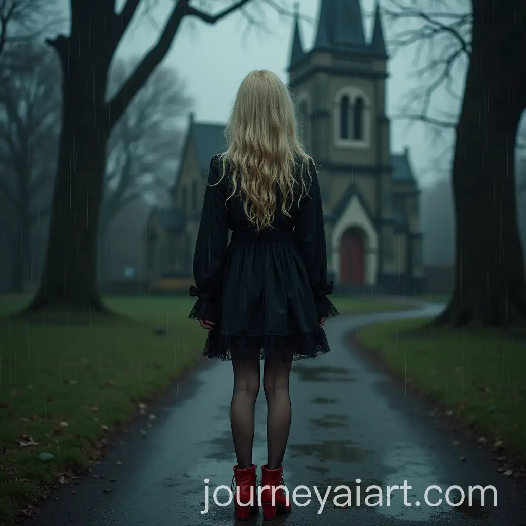 Blonde-Gothic-Girl-in-the-Rain-with-Red-Shoes-and-Transparent-Stockings-in-Front-of-a-Church