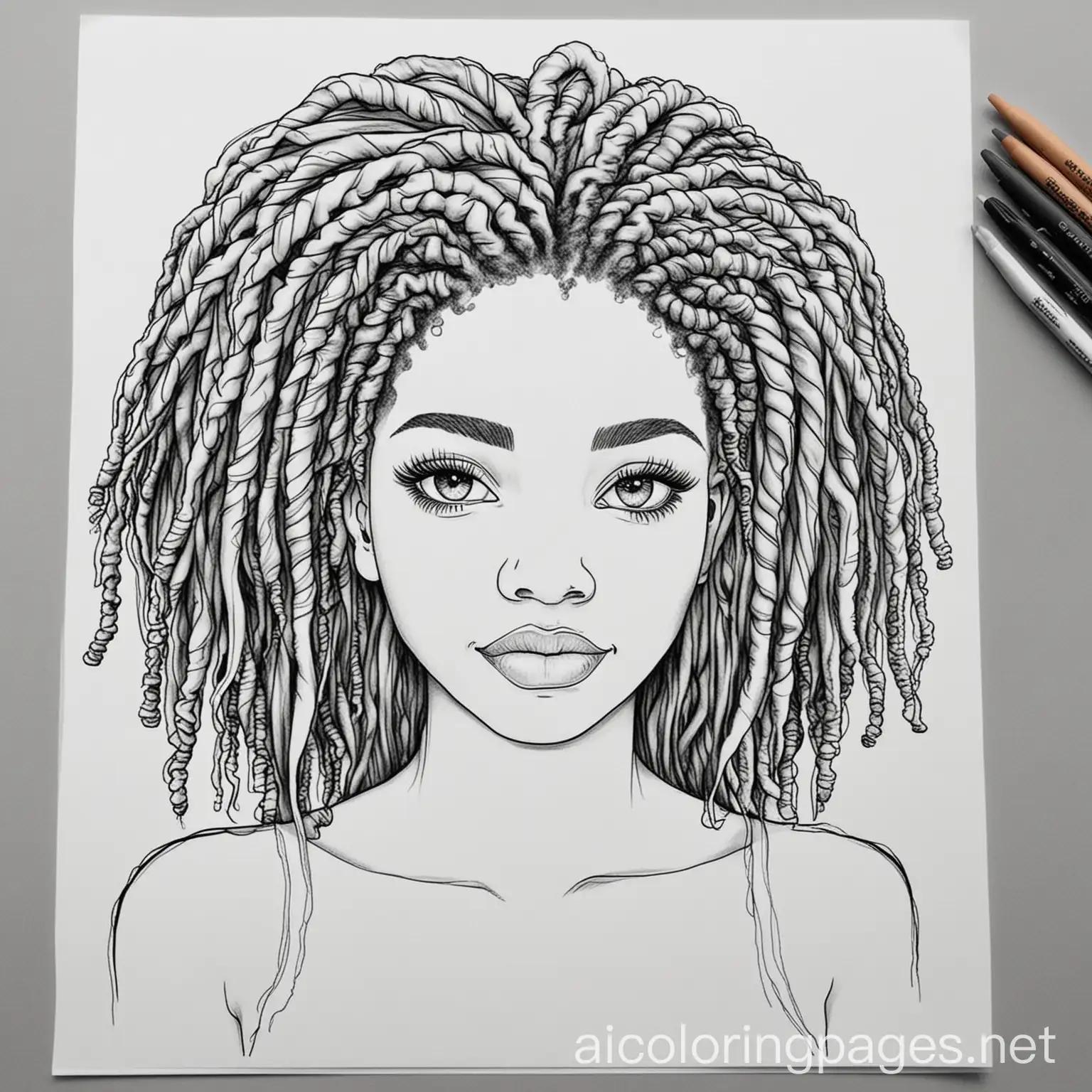 Pretty light skinned Black woman with Locs, Coloring Page, black and white, line art, white background, Simplicity, Ample White Space. The background of the coloring page is plain white to make it easy for young children to color within the lines. The outlines of all the subjects are easy to distinguish, making it simple for kids to color without too much difficulty