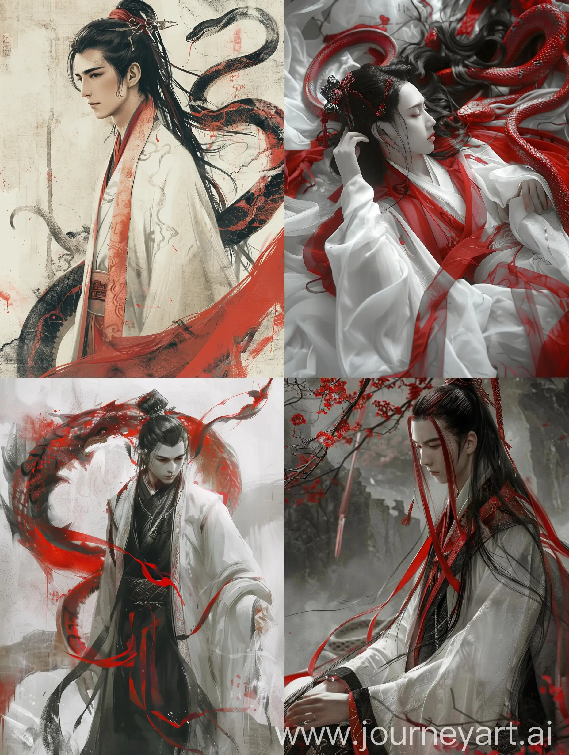 Mature-Man-in-Chinese-Attire-with-Black-Red-Hair-Holding-a-Snake-in-Red-and-White-Colors