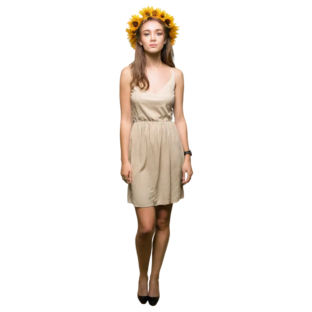 Watercolored-Style-Woman-in-Cinched-Beige-Dress-with-Sunflowers-PNG-Image