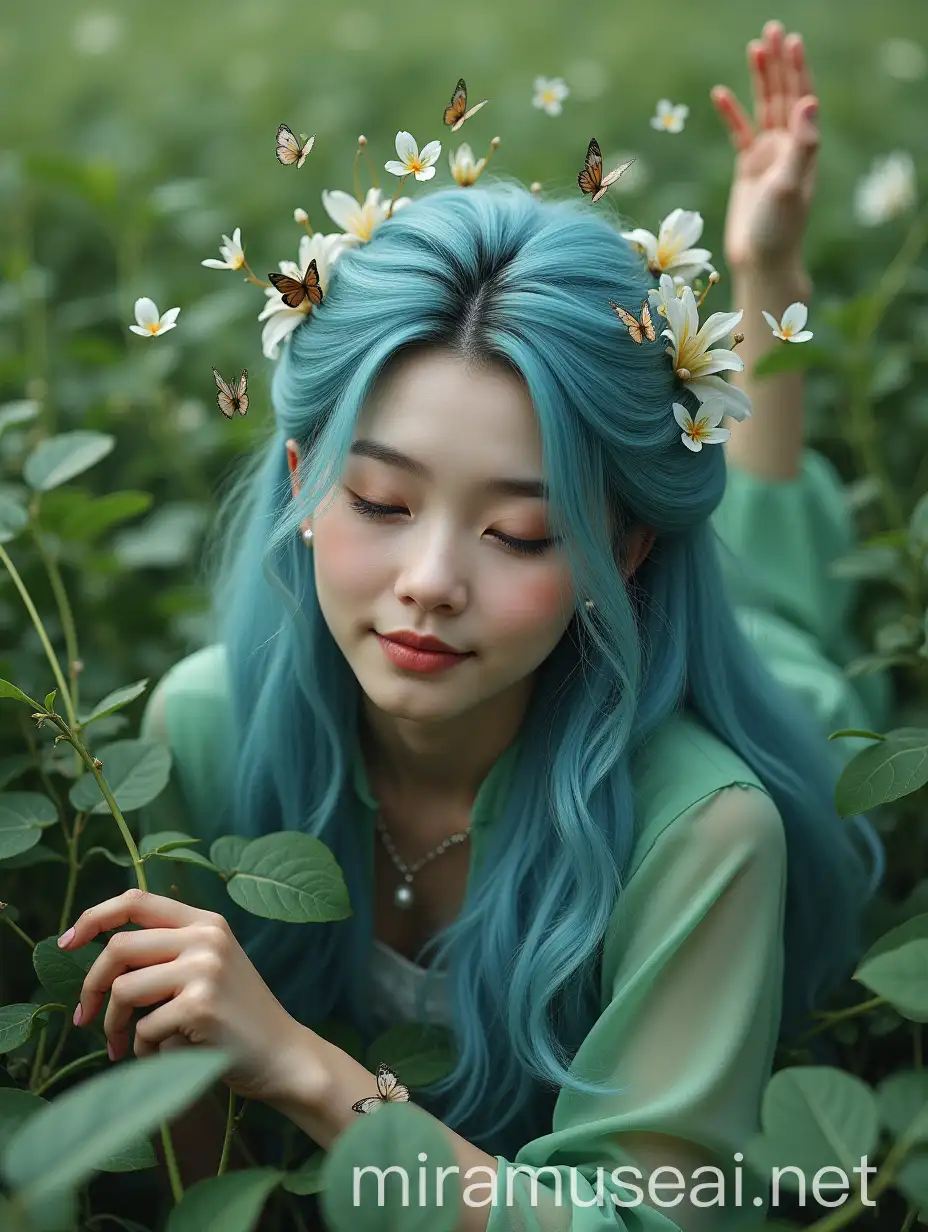 scenario surreale magico da favola of an Asian girl with regal features almost alien lying in a field full length. She has long pastel blue wavy hair and a hairstyle held together by countless butterfly-shaped clips floating in the air. she wears a green dress made of leaves and various natural elements (eg: flowers). she caresses the earth and is connecting with the surrounding nature.  Her face shows satisfaction and contemplation. Photorealistic, cinematic lighting, high detail, 8K, --ar 16:9 --v 5 --stylize 500