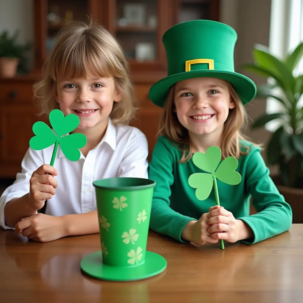 Two children sitting at a wooden table. The child on the left is wearing a white shirt and holding a green clover - shaped prop. The child on the right is dressed in a green top and a green leprechaun hat, also holding a green clover - shaped prop. In front of them is a green cylindrical object decorated with clover patterns. The background features a cabinet and some greenery, with soft light coming through the windows.