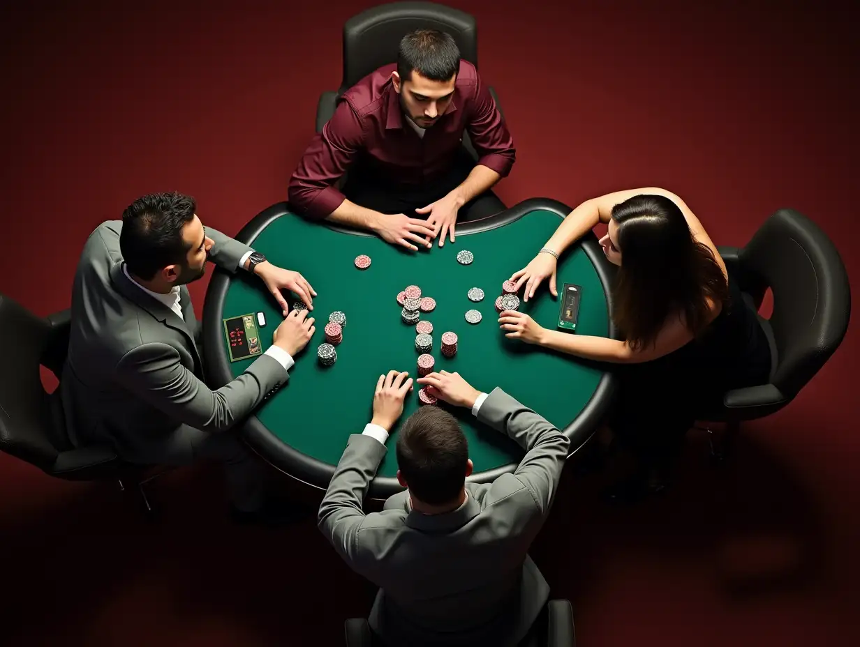 Overhead shot for a Tunisian man in a gray tuxedo, a Tunisian man in a dark red shirt and black pants with short hair cut, and a Tunisian woman in a black dress and black heels with dark hair : The group sits around a high-roller table, each with a pile of poker chips in front of them. The camera angle provides a bird’s-eye view of their strategic movements and interactions. High resolution, hyper-realistic image quality.