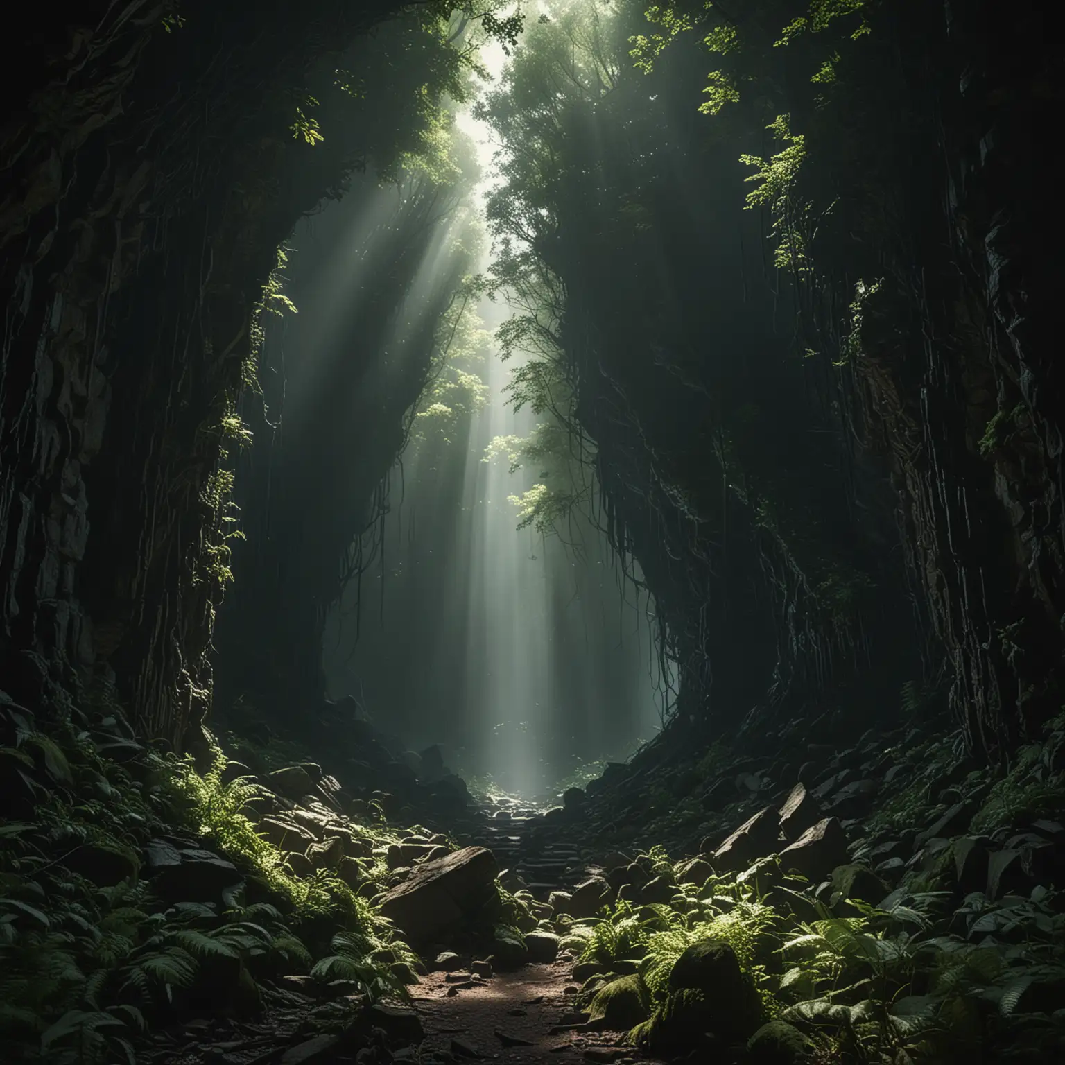 A deep, dark chasm within a dense forest, partially illuminated by shafts of light breaking through the canopy above. The stark contrast between light and shadow creates a dramatic and intense atmosphere. The vibrant greenery of the forest contrasts with the ominous depth of the pit. The super wide lens captures the expanse and depth of the scene, highlighting the vivid details in 8k resolution, creating a contemplative and mysterious mood.