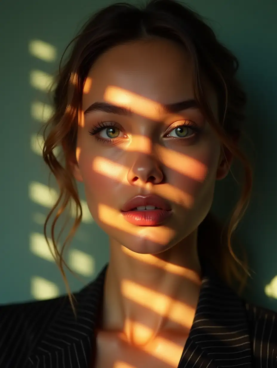 Close-up portrait of a woman illuminated by soft, warm afternoon light streaming through window blinds, creating striking shadow patterns across her face. She has a natural, glowing complexion with dewy skin and subtly highlighted cheekbones. Her expressive eyes are accented with long lashes and a hint of soft eyeshadow, while her full lips are painted in a soft peach shade. The background features muted teal walls that enhance the warmth of the scene. She wears a dark, pinstriped blazer, adding a touch of elegance. The overall aesthetic is hyperrealistic, capturing intricate details like the texture of her skin and the delicate play of light and shadow, with a color palette of warm neutrals and soft pastels.