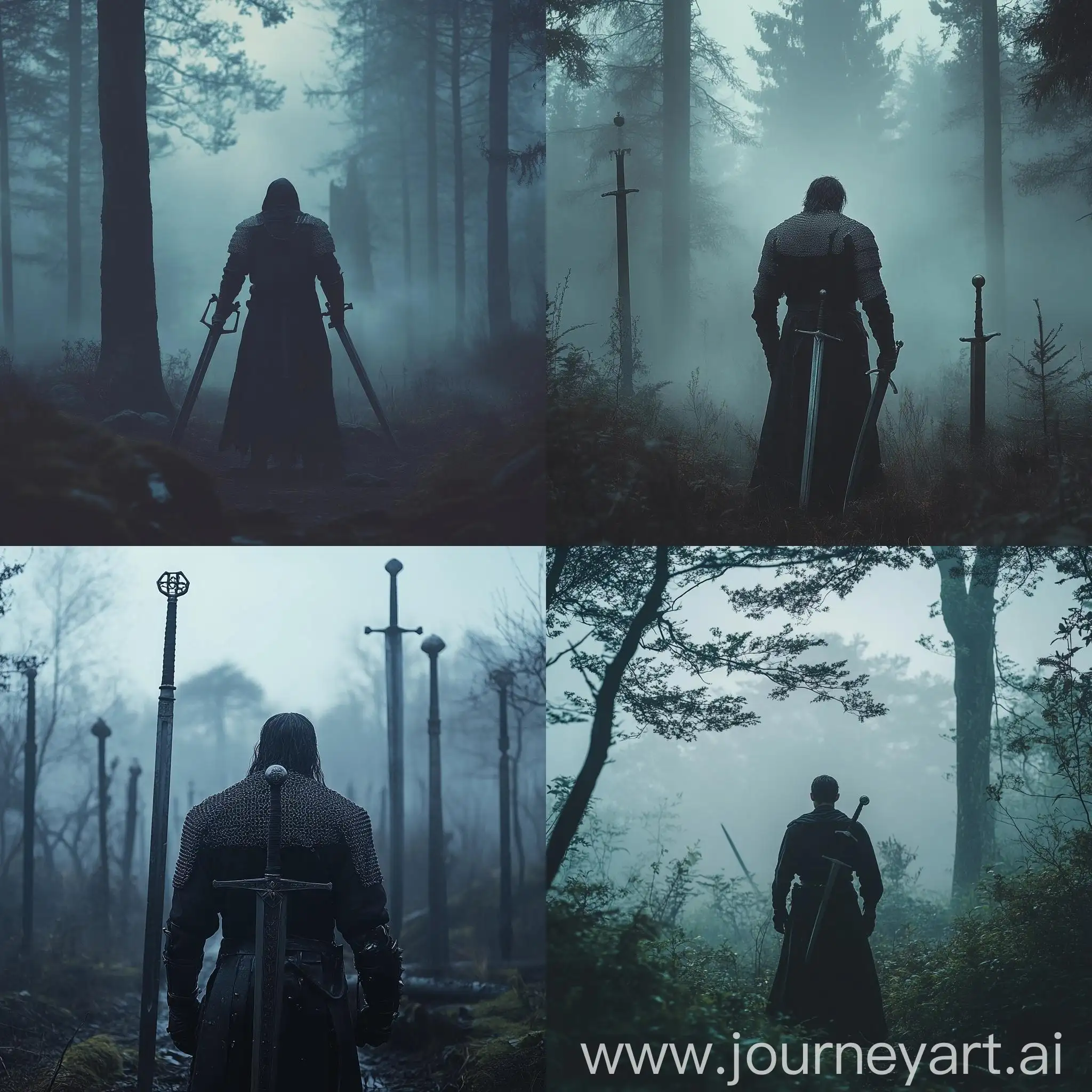 Man-in-Opium-Chrome-Hurtz-Style-Standing-in-Twilight-Foggy-Forest-with-Medieval-Swords