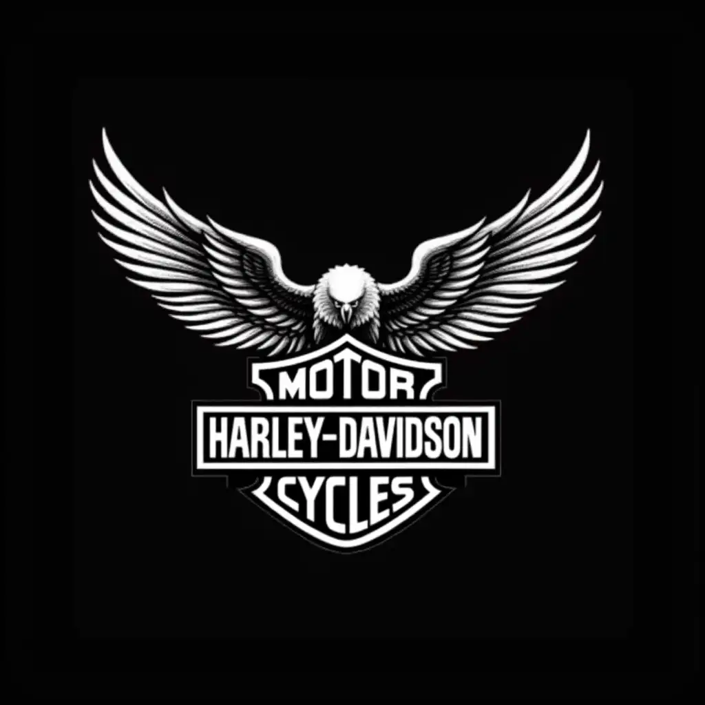 Black and white solid color image of Harley Davidson logo with eagle top center above words. In the spread eagle pose with wing tips pointing up. With good detail to feathers. with a black background.