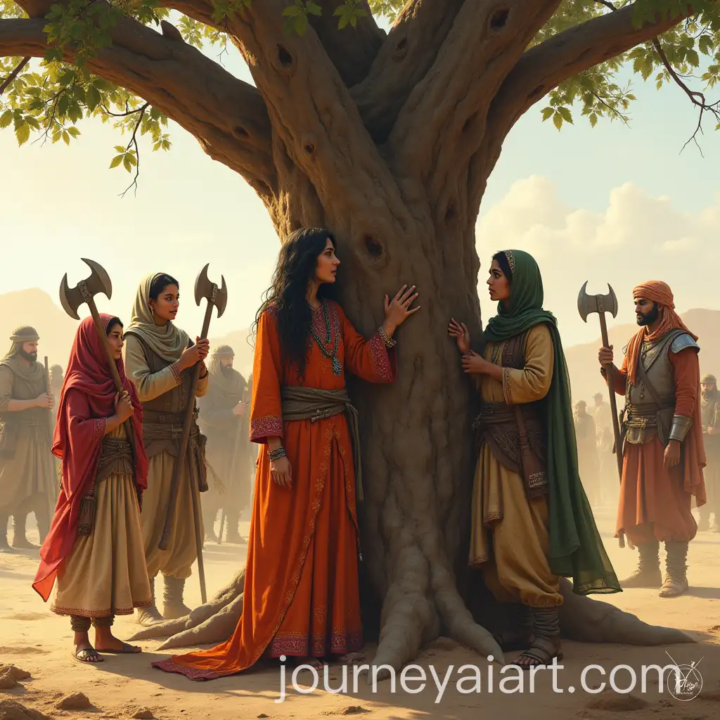 Brave-Woman-and-Daughters-Hugging-Khejri-Tree-in-Desert-with-Soldiers
