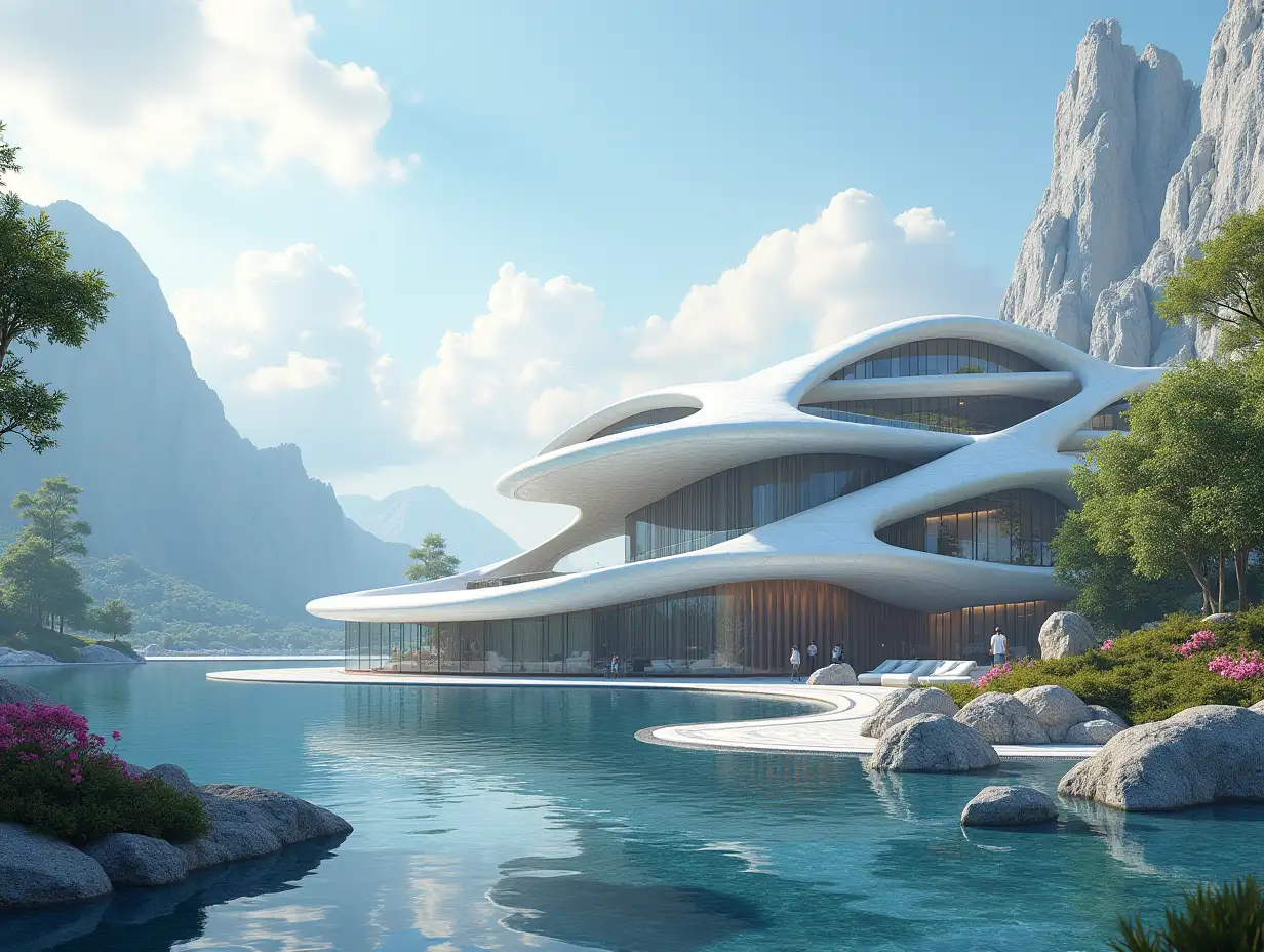 Create a high-resolution realistic image in 4k resolution a futuristic patterned building with curved pillars, mountains large trees, rocks flowers a futuristic very large yacht with glass window cloudy sky