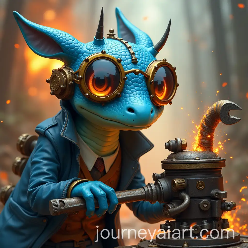 Blue-Drakide-in-Steampunk-AttireAI-Art-Prompt-Expansion-Working-on-Exploding-Engine