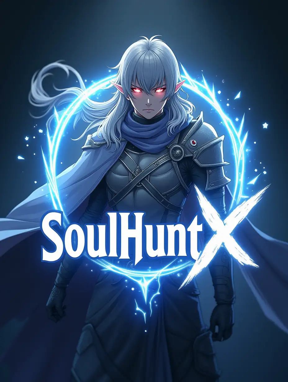 Create a hyper-realistic logo for 'SoulHuntrX' inspired by anime character designs. The logo should feature an intense, anime-style warrior character with glowing eyes and intricate armor details, embodying power and mystery. Use a dynamic pose with flowing hair or a cape to add motion and energy to the design. Incorporate a glowing white and silver color palette with subtle neon accents to emphasize a futuristic and ethereal feel. Blend the name 'SoulHuntrX' seamlessly into the design, using bold, stylized typography that matches the anime aesthetic. Surround the logo with glowing effects, light streaks, or ethereal energy to make it visually captivating and immersive.