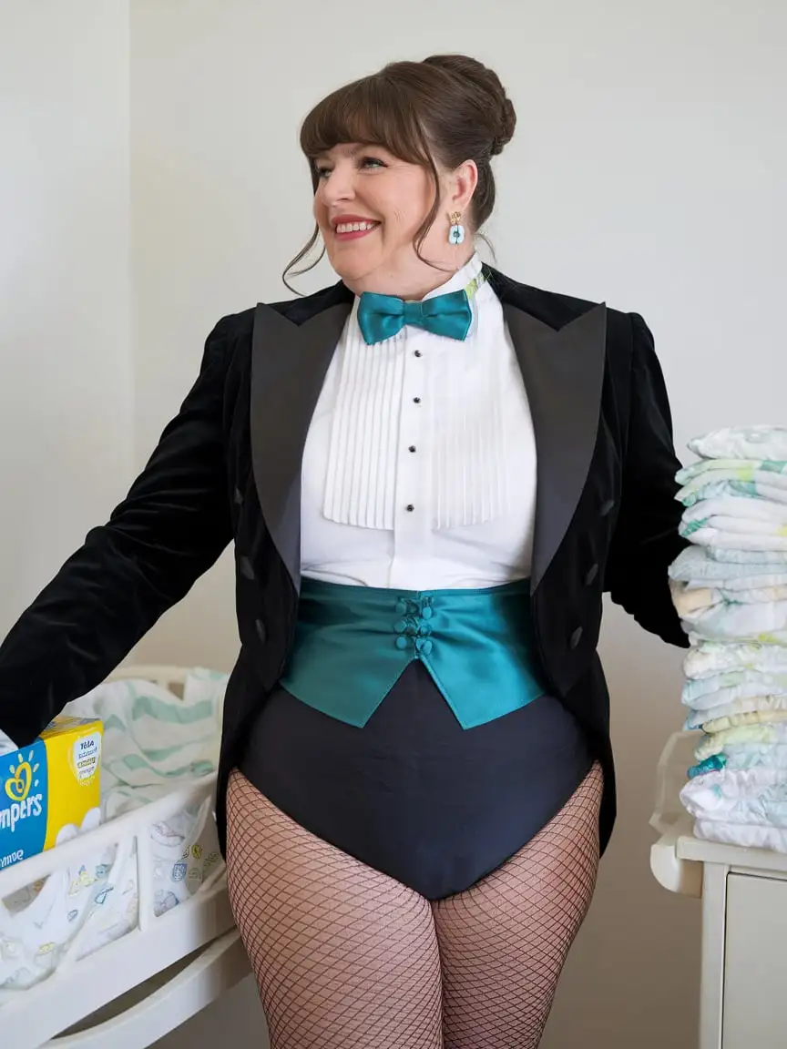 Formal-Concert-Tuxedo-Woman-with-Pampers-in-Nursery-Setting