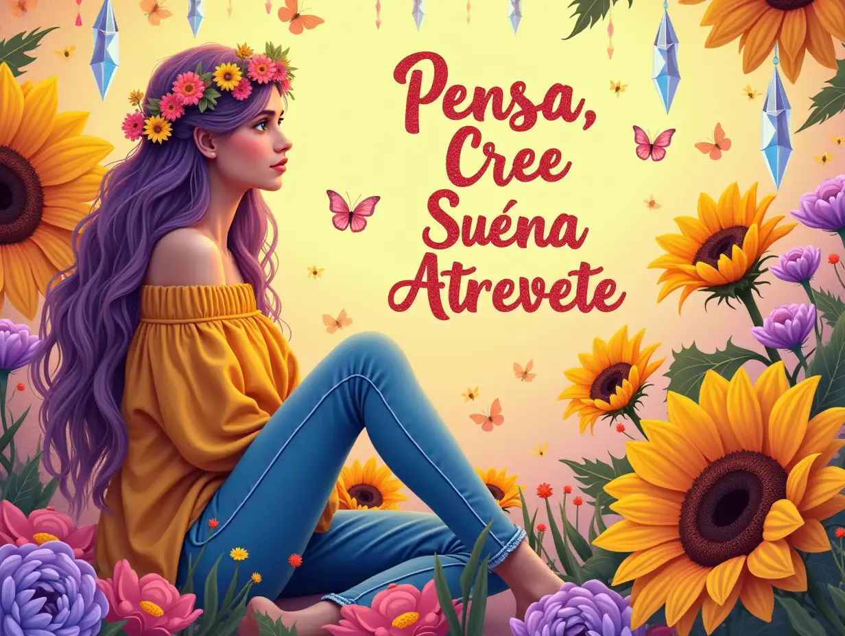 Glitter art, Vector, vintage, seamless. Create a vibrant scene of a young woman sitting in a bohemian style, surrounded by large sunflowers, daisies, and purple blooms. She has long, flowing pastel-colored hair with intricate braids and wears a floral crown. Dressed in a loose, flowing top and denim jeans, she embodies a relaxed, carefree aesthetic. The background features a dreamy pastel gradient with hanging crystals and butterflies fluttering around. Include bold typography in a playful font with the inspirational words: 'Piensa, Cree, Suena, Atrevete.' The overall atmosphere should be whimsical and uplifting, with bright yellows, pinks, and purples dominating the color palette, creating a hyperrealistic and fantastical impression.