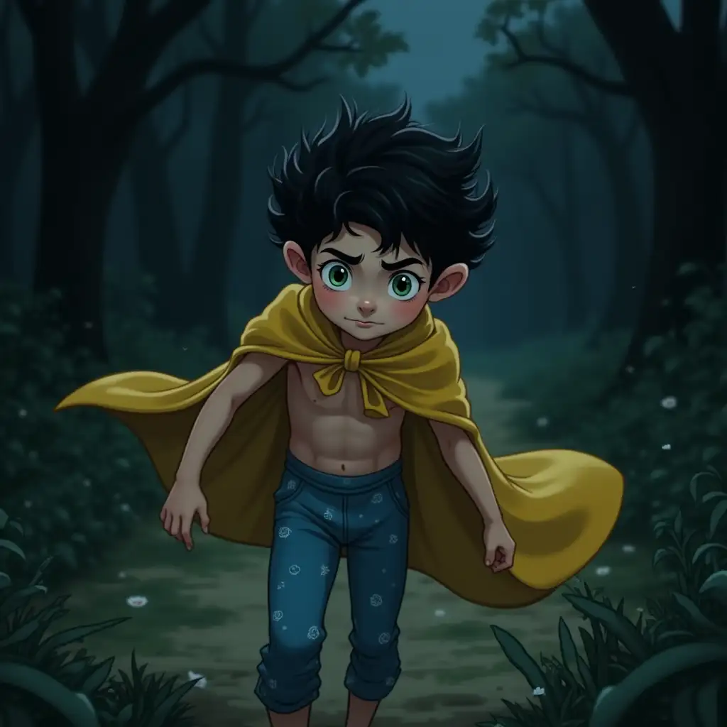 Boy, 9 years 9old, white, short, slim, black hair, bright green eyes, shirtless, blue pyjama leggings, yellow blanket tied around his neck like a cape, looking mischievous, sly, creeping out at night, into wooded garden.