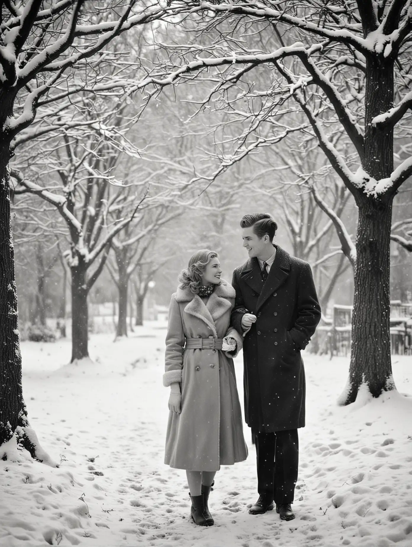 Young Couple in a Snowy Wonderland Vintage Black and White Christmas Photography