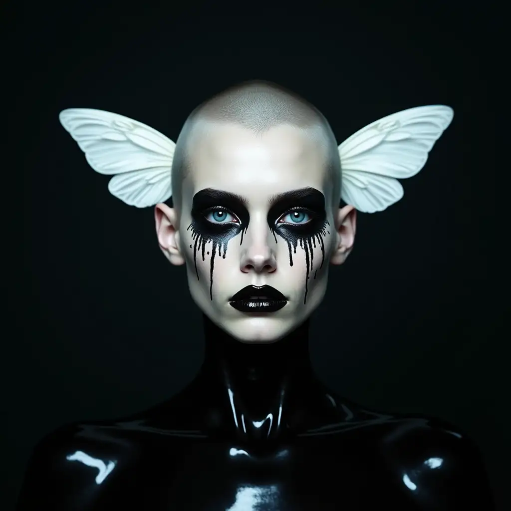 A photograph of a pale-skinned, androgynous figure with a shaved head and striking makeup. The face is painted with black, dripping tears, and vibrant blue eyes. Two large, white butterfly wings are delicately placed on the forehead. The background is dark, contrasting with the subject's glossy, black skin. The overall aesthetic is surreal and dramatic, blending elements of beauty and horror.