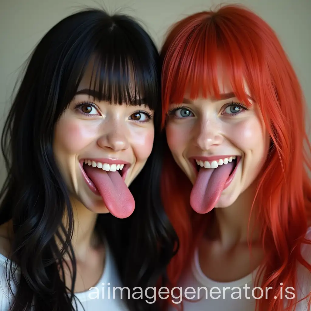 Twin-Sisters-with-Black-and-Red-Hair-Smiling-with-Long-Tongues