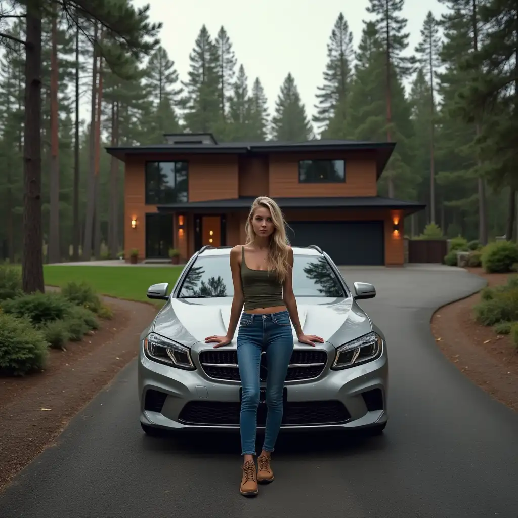 BLONDE teen woman, full length leaning on car hood in front of a two-story modern house with a flat roof on the driveway pine forest , fotorealistic