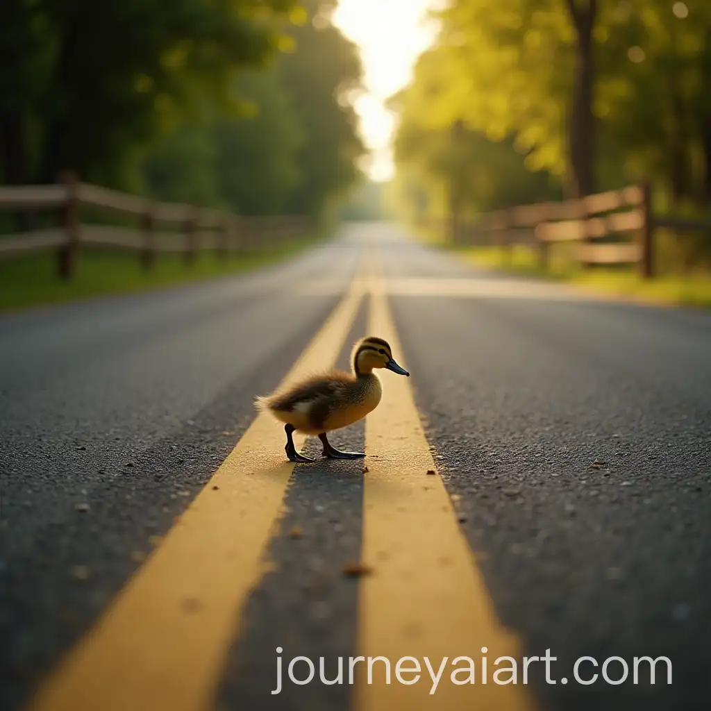 Small-Duck-Crossing-a-Rural-Asphalt-Road-with-Lush-Greenery