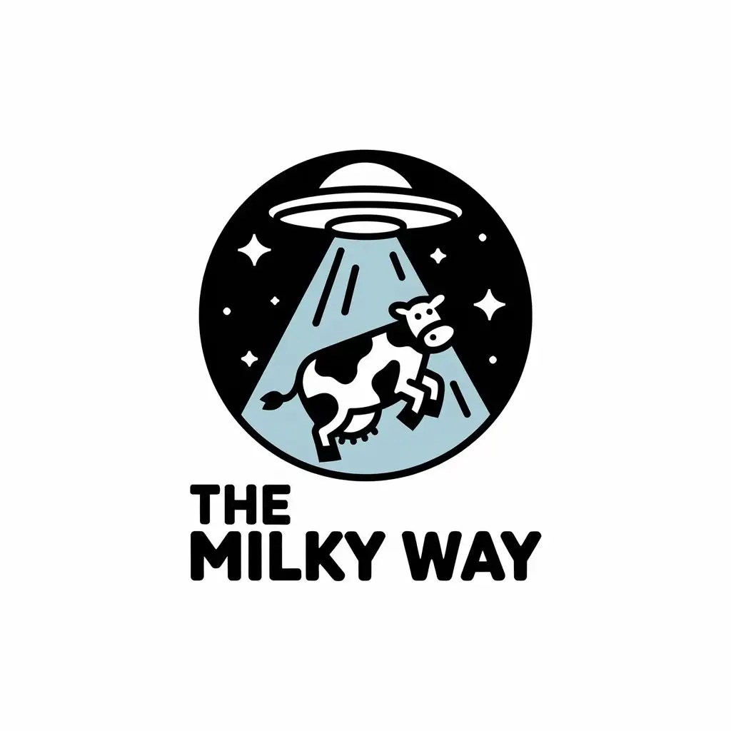 LOGO Design for The Milky Way Cow Levitating Toward UFO with Light Beam Theme for Education Industry