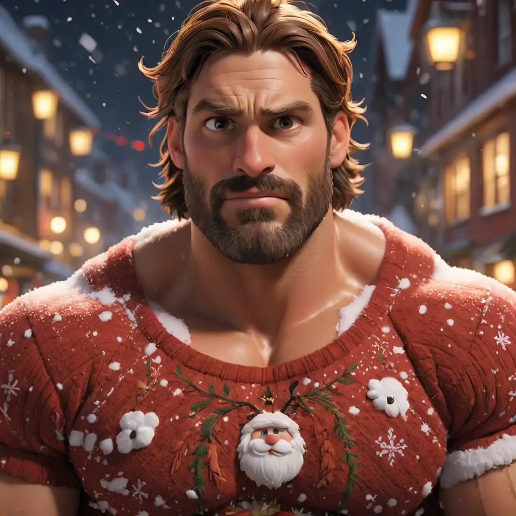 Muscular-Bodybuilder-in-Red-Christmas-Jumper-in-Snow-at-Night