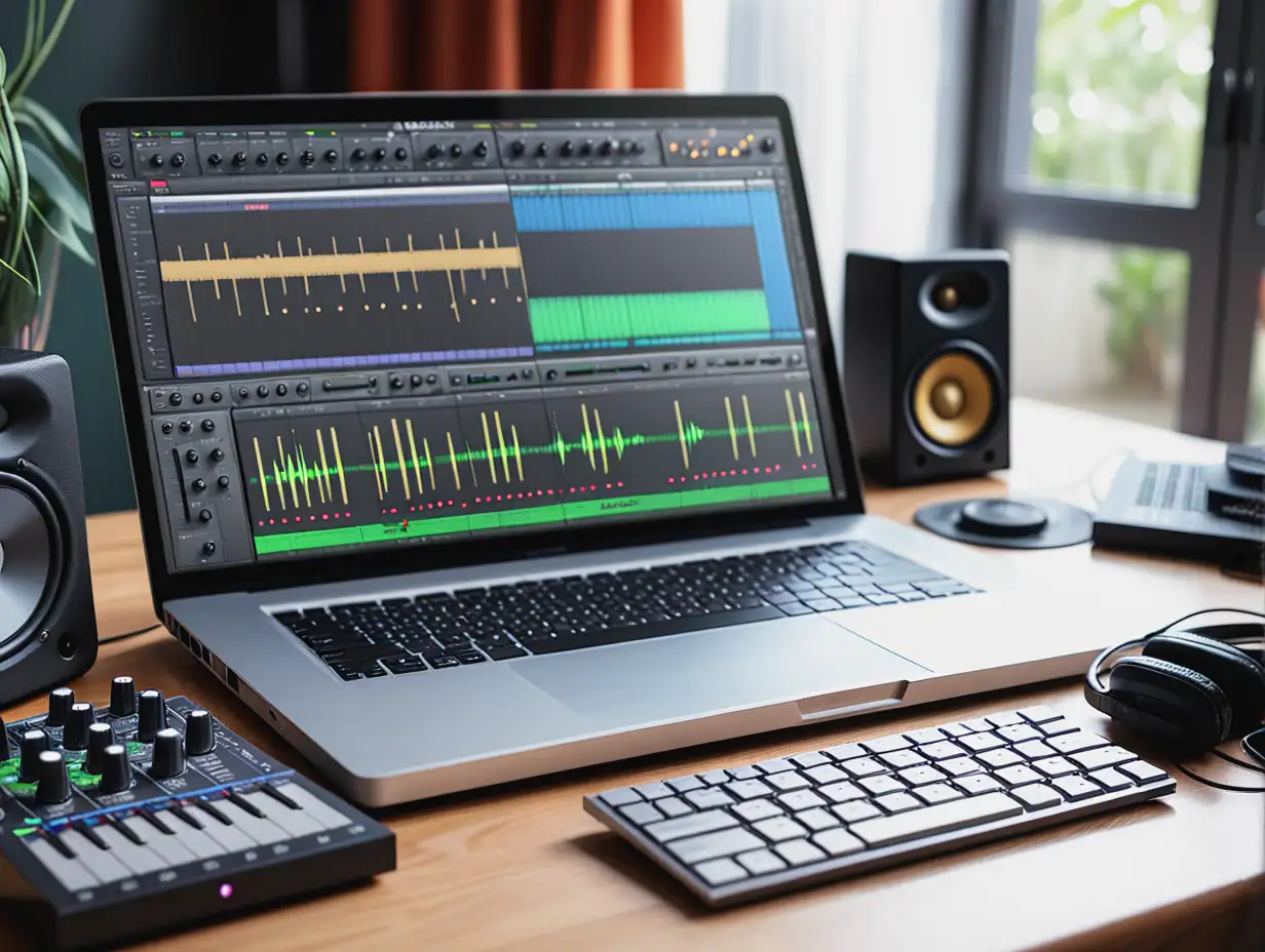 Home Music Production CloseUp of Laptop and Software on Table