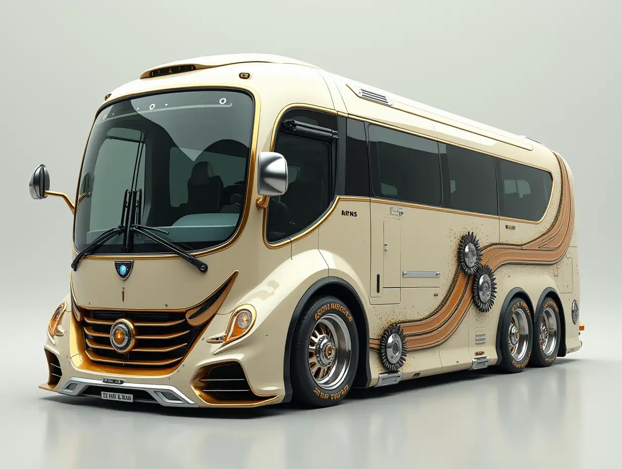 Supermodern utopian sport bus with gears, lowered body, 18-inch wheels, aluminum rims, cream silver gold, Cyberpunk.