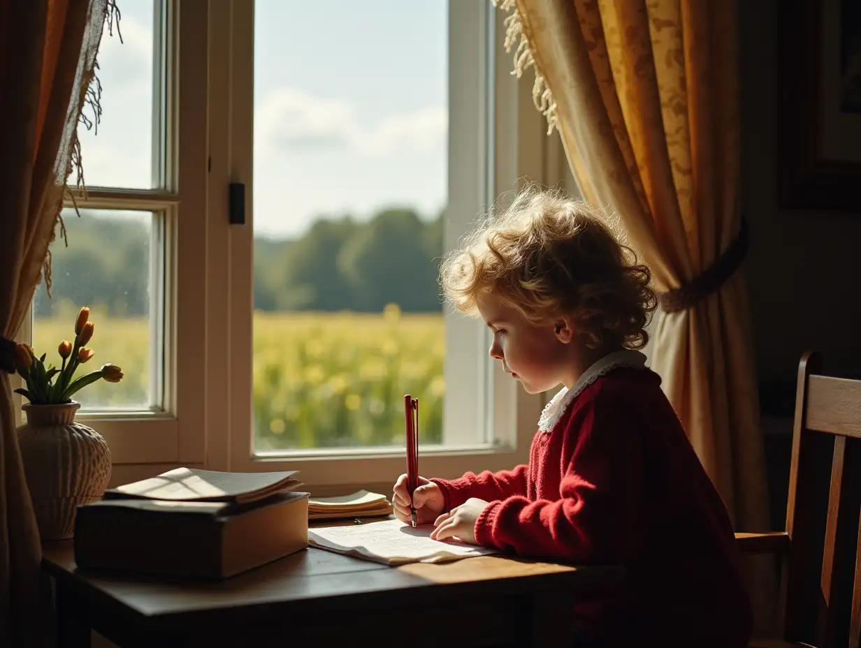 Mozart when he was a child, writing music, near a window overlooking the field