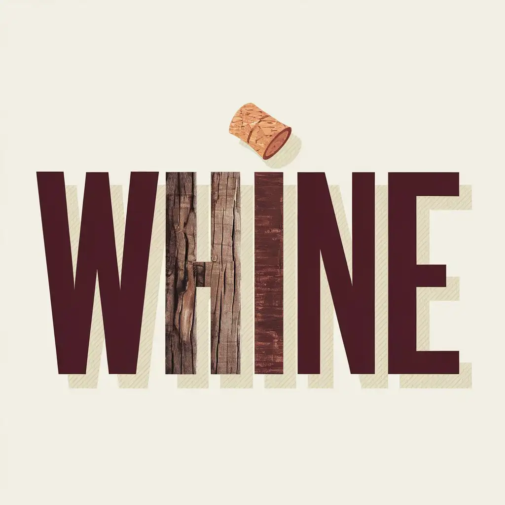 Thick bold text logo 'WHINE', H as photorealistic wood plank, tiny cork icon hovering above H, wine red letters, cream background, flat vector design --style raw --stylize 500 --no 3D, shadow, decoration, thin font