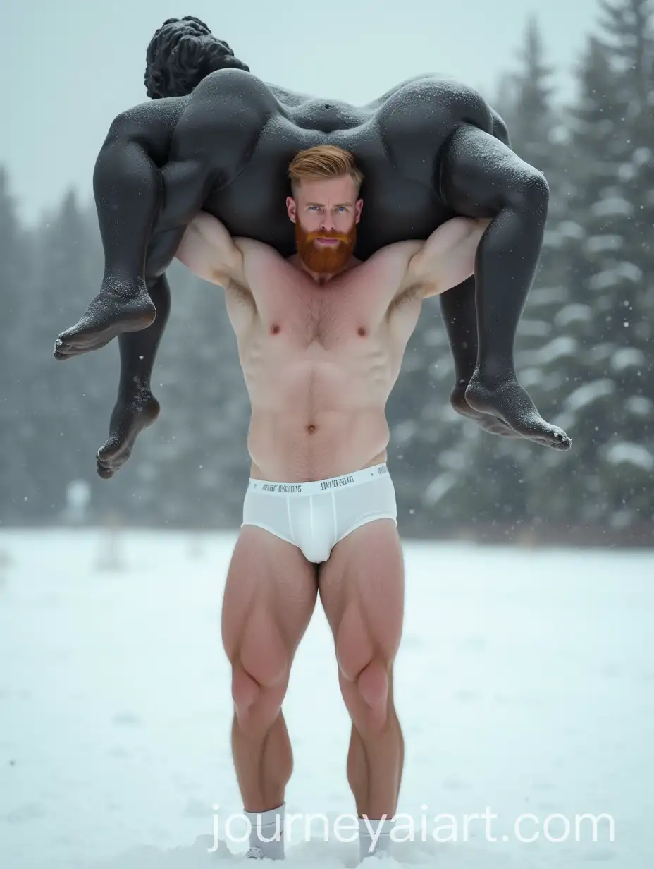 Strong-Man-Lifting-Black-Statue-in-Snowy-Landscape-with-Tattoos-and-Ginger-Stubble