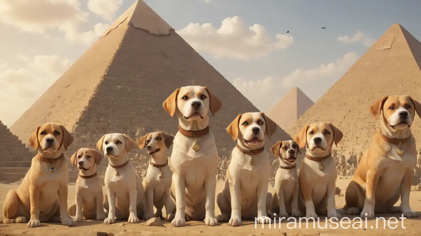 Pack of Dogs Admiring Ancient Pyramids with Pharaoh