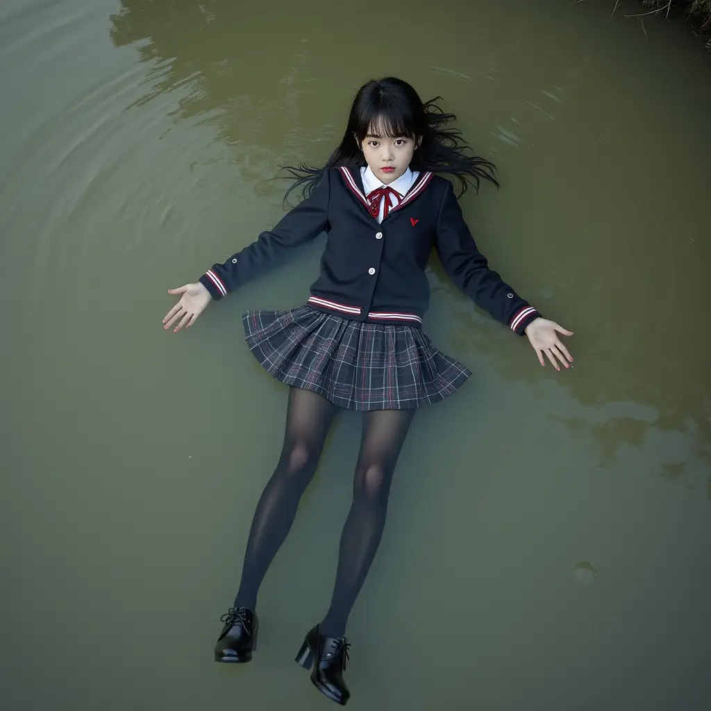 A schoolgirl in a school uniform, with a skirt, jacket, blouse, dark tights, high-heeled shoes. Swims in a dirty pond, body underwater, completely wet clothes.