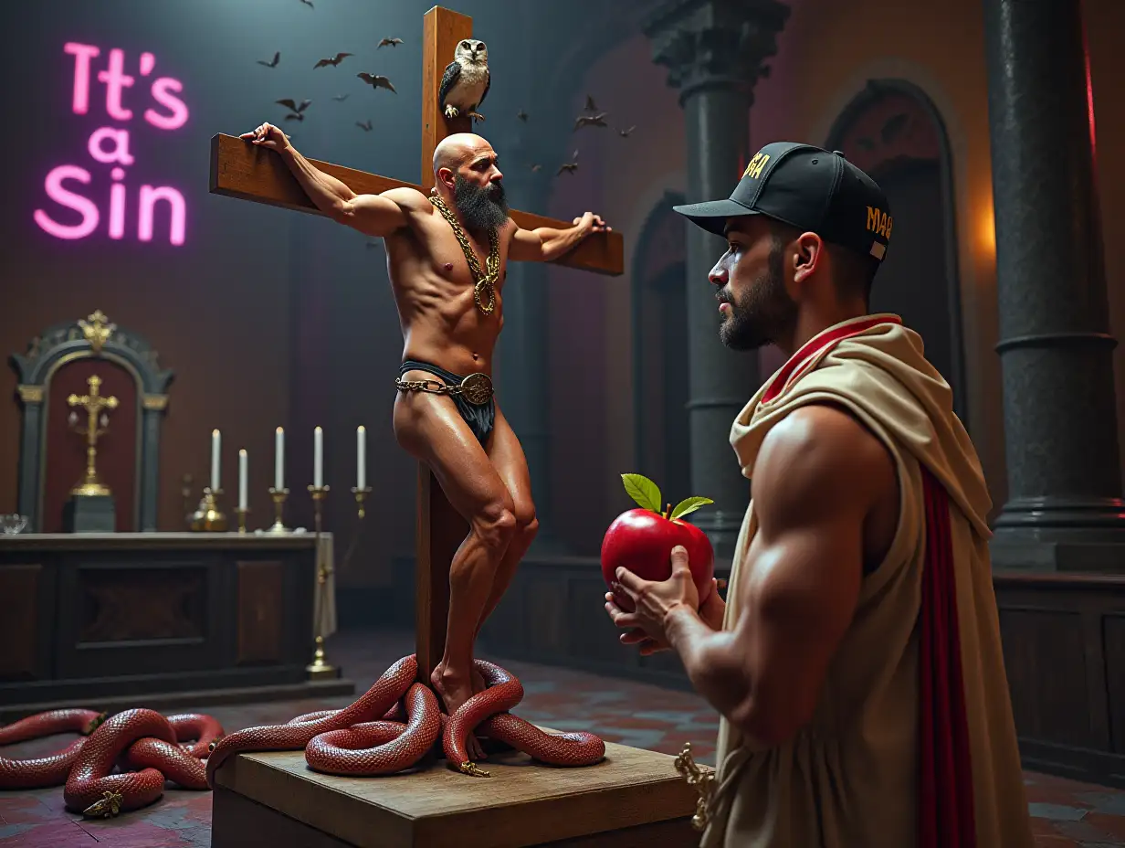 Bodybuilder-Chained-to-Cross-in-St-Peters-Cathedral-with-Priest-and-Snakes