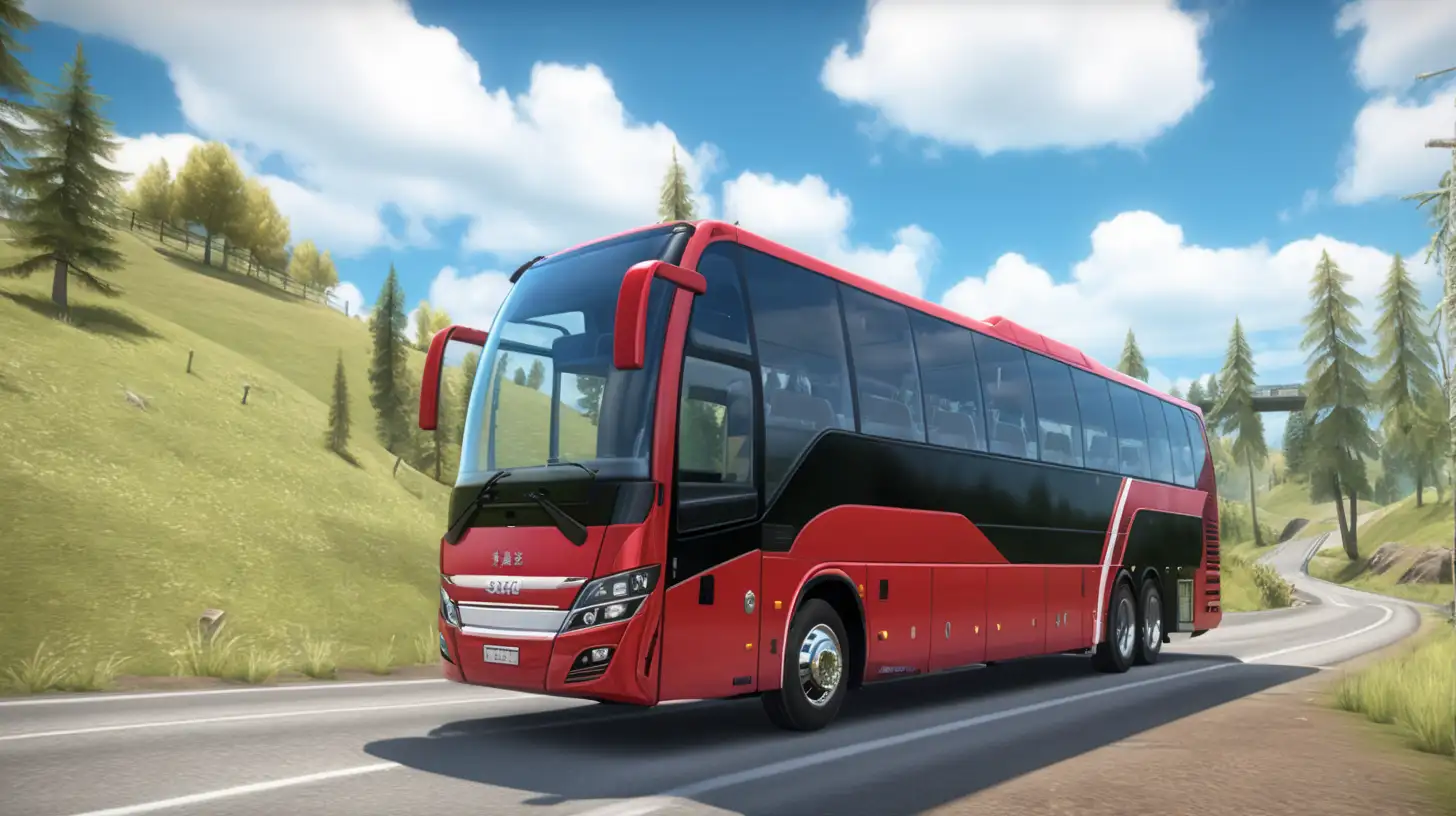 Modern Red Coach Bus Driving Offroad Game Scene